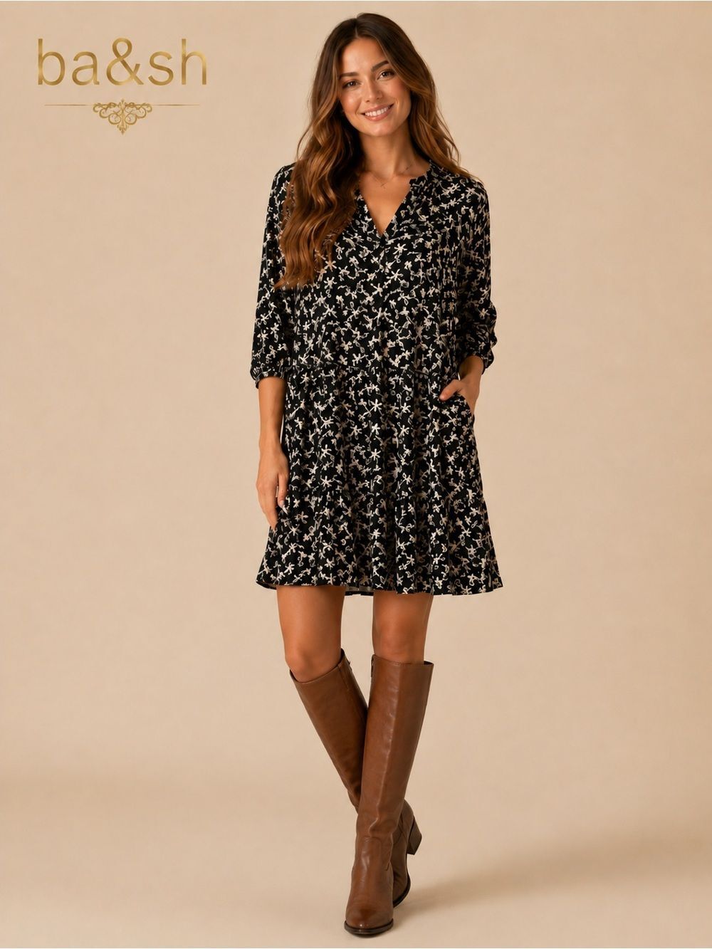 ba&sh Black and White Floral Mini Dress
